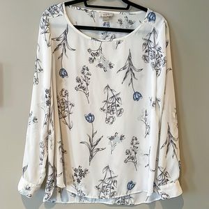 LOFT Floral Roll Tab Sleeve Blouse White Blue Sheer Tunic Top Size M
